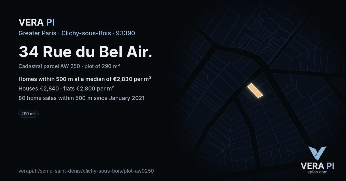 34 Rue du Bel Air, Clichy-sous-Bois at night – the plot lit, the parcels around coloured by the prices near them
