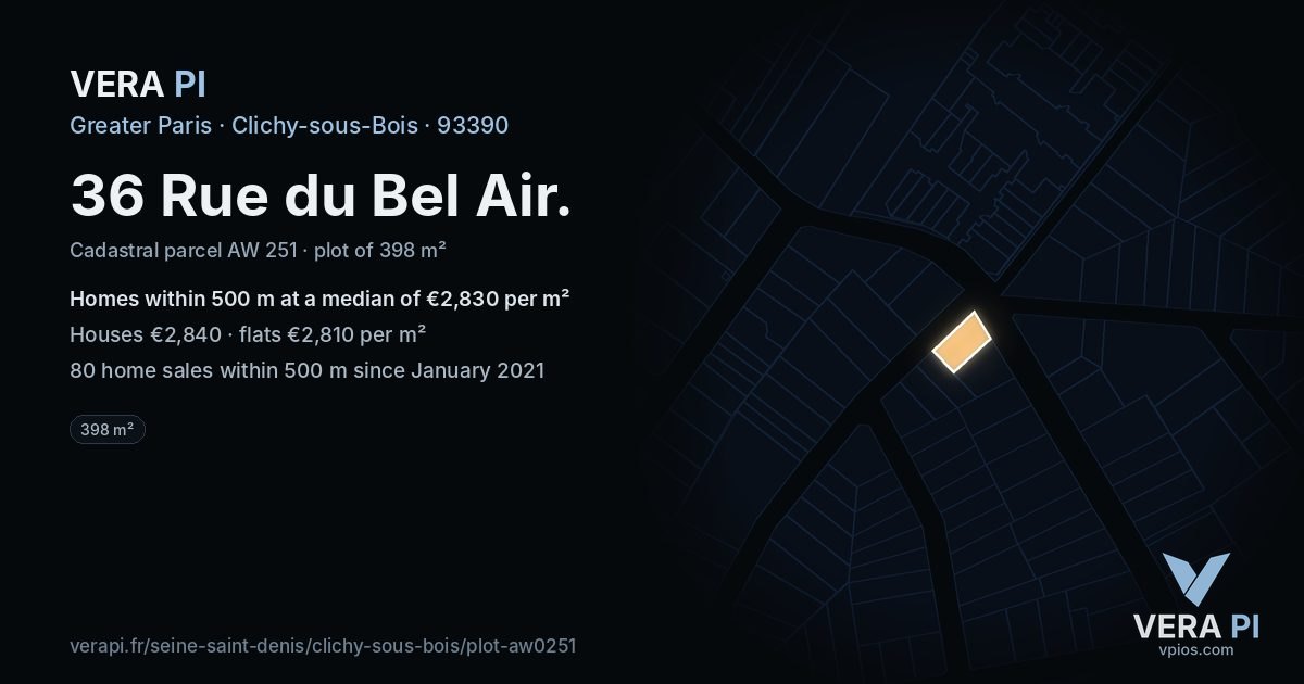 36 Rue du Bel Air, Clichy-sous-Bois at night – the plot lit, the parcels around coloured by the prices near them