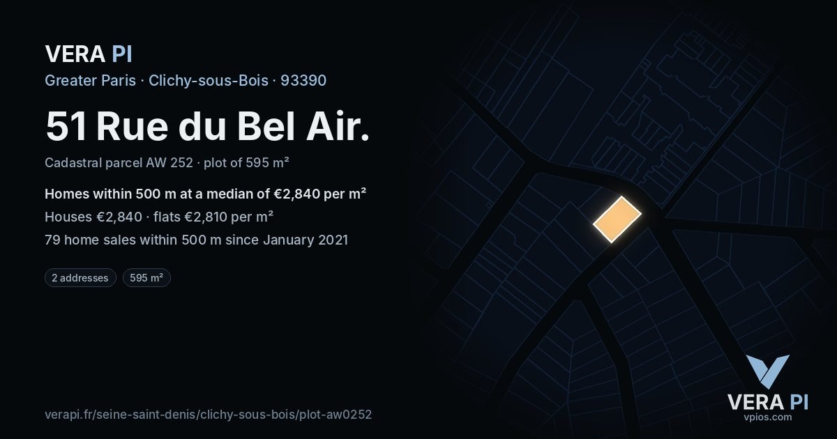 51 Rue du Bel Air, Clichy-sous-Bois at night – the plot lit, the parcels around coloured by the prices near them