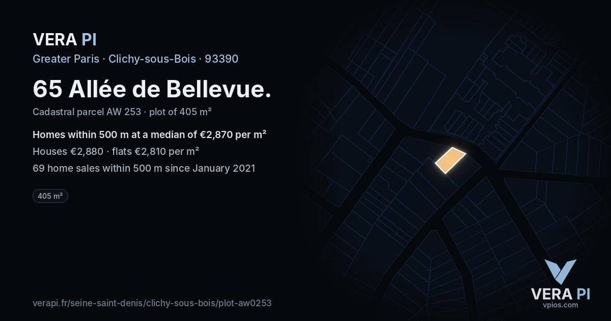 65 Allée de Bellevue, Clichy-sous-Bois at night – the plot lit, the parcels around coloured by the prices near them
