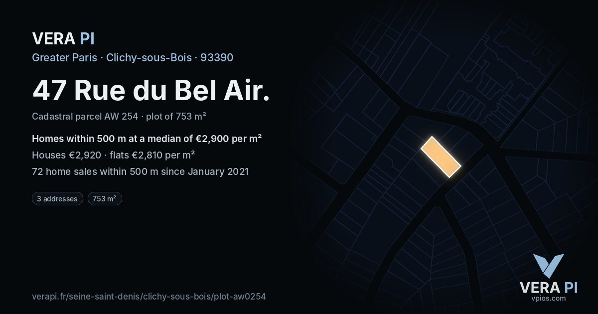 47 Rue du Bel Air, Clichy-sous-Bois at night – the plot lit, the parcels around coloured by the prices near them