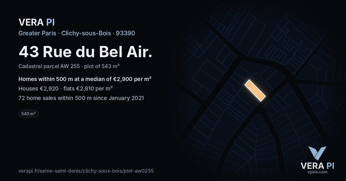 43 Rue du Bel Air, Clichy-sous-Bois at night – the plot lit, the parcels around coloured by the prices near them