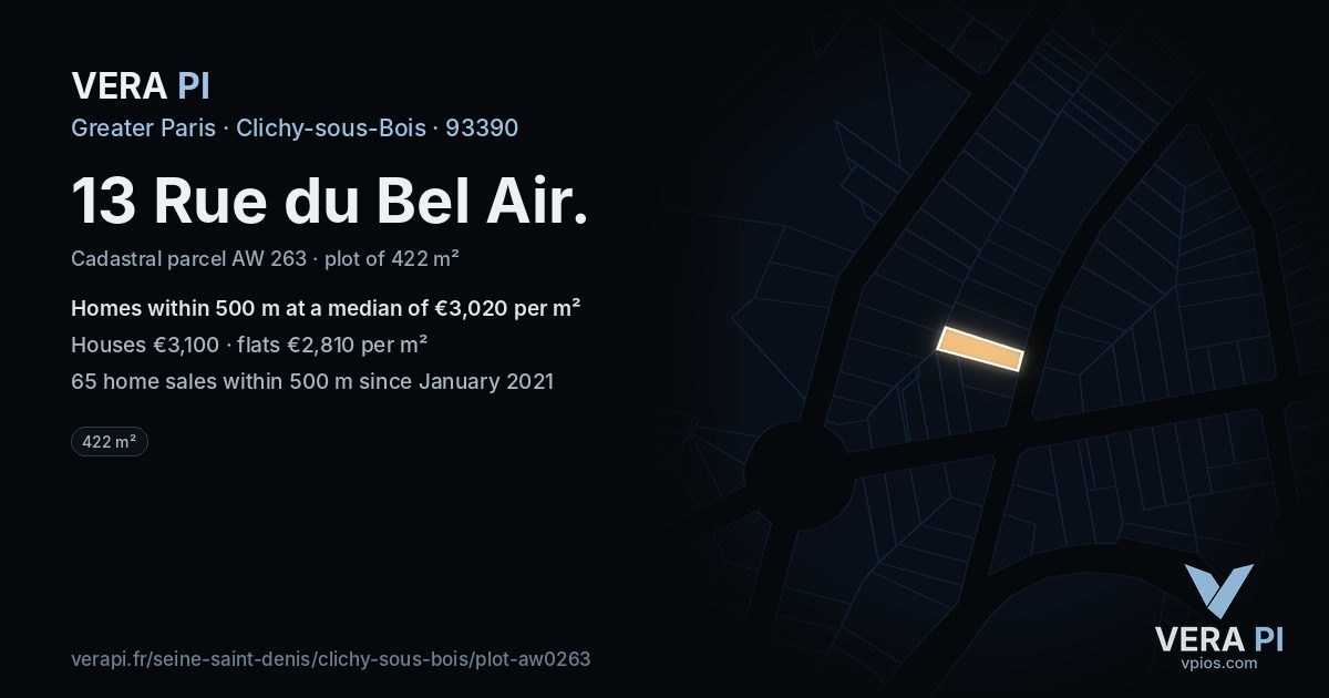 13 Rue du Bel Air, Clichy-sous-Bois at night – the plot lit, the parcels around coloured by the prices near them