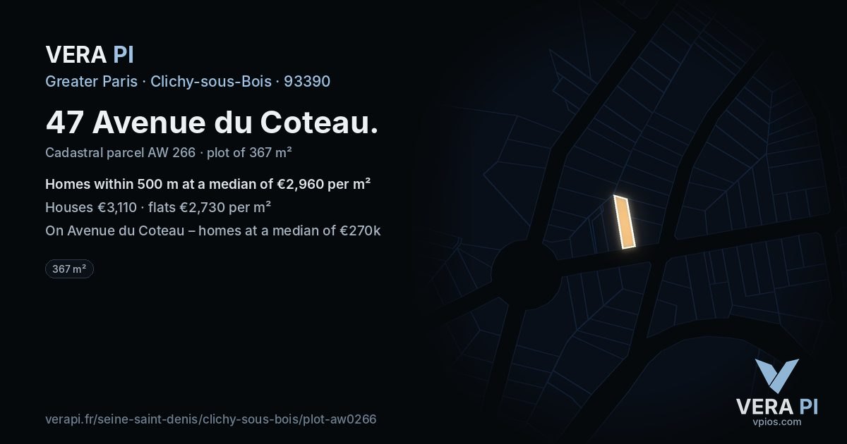 47 Avenue du Coteau, Clichy-sous-Bois at night – the plot lit, the parcels around coloured by the prices near them