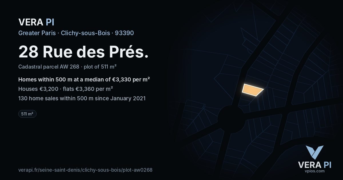 28 Rue des Prés, Clichy-sous-Bois at night – the plot lit, the parcels around coloured by the prices near them