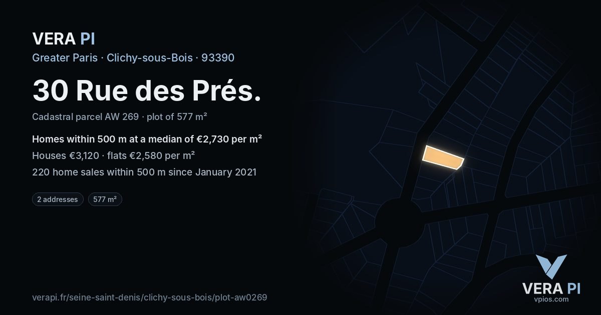 30 Rue des Prés, Clichy-sous-Bois at night – the plot lit, the parcels around coloured by the prices near them