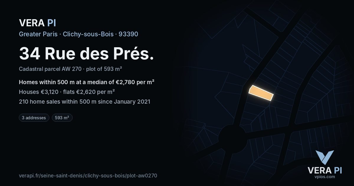 34 Rue des Prés, Clichy-sous-Bois at night – the plot lit, the parcels around coloured by the prices near them