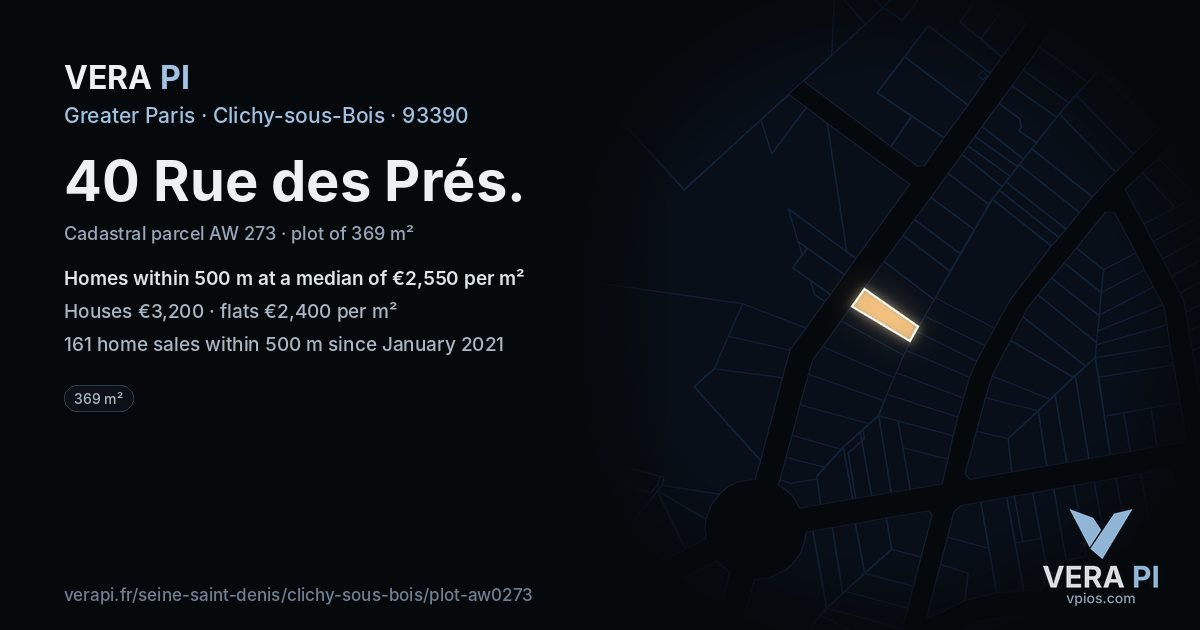 40 Rue des Prés, Clichy-sous-Bois at night – the plot lit, the parcels around coloured by the prices near them