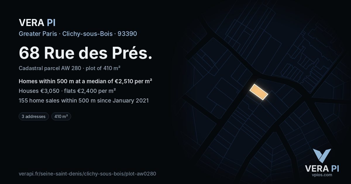 68 Rue des Prés, Clichy-sous-Bois at night – the plot lit, the parcels around coloured by the prices near them
