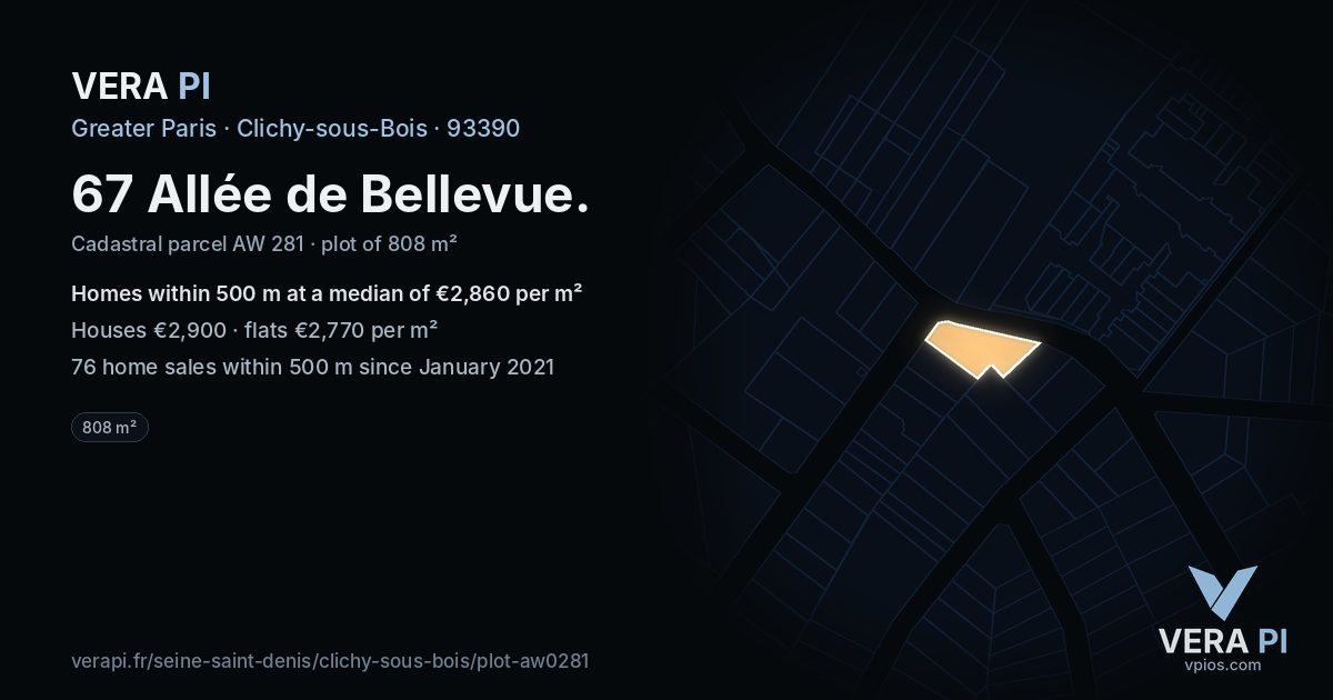 67 Allée de Bellevue, Clichy-sous-Bois at night – the plot lit, the parcels around coloured by the prices near them