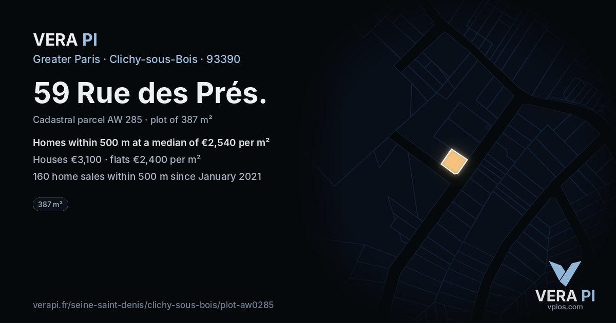 59 Rue des Prés, Clichy-sous-Bois at night – the plot lit, the parcels around coloured by the prices near them