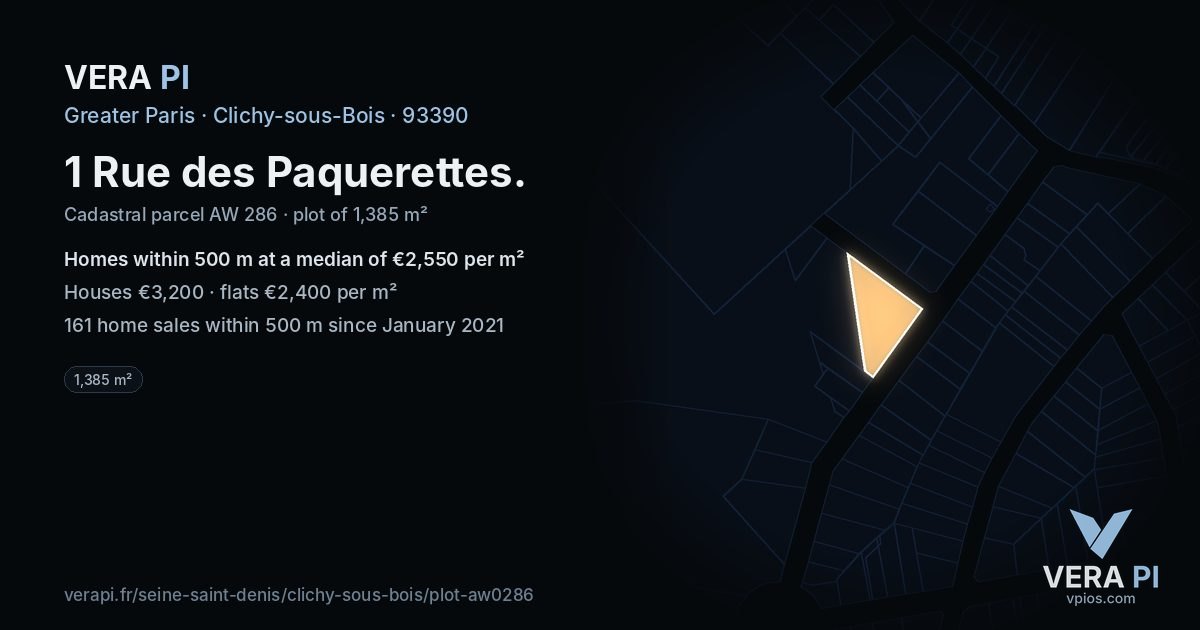1 Rue des Paquerettes, Clichy-sous-Bois at night – the plot lit, the parcels around coloured by the prices near them