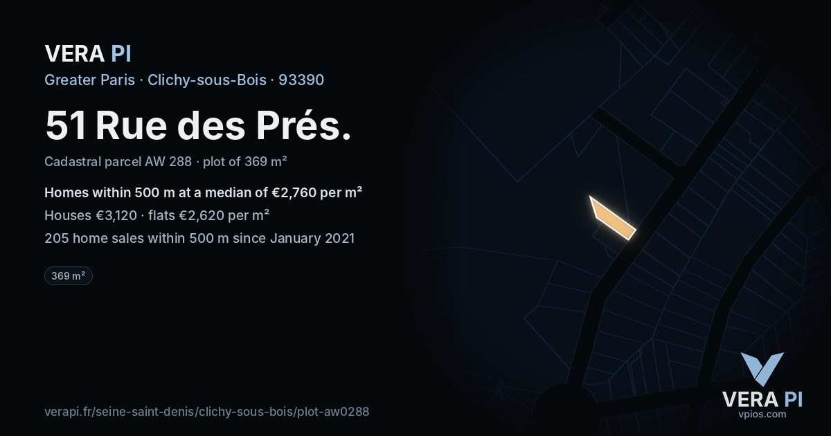 51 Rue des Prés, Clichy-sous-Bois at night – the plot lit, the parcels around coloured by the prices near them