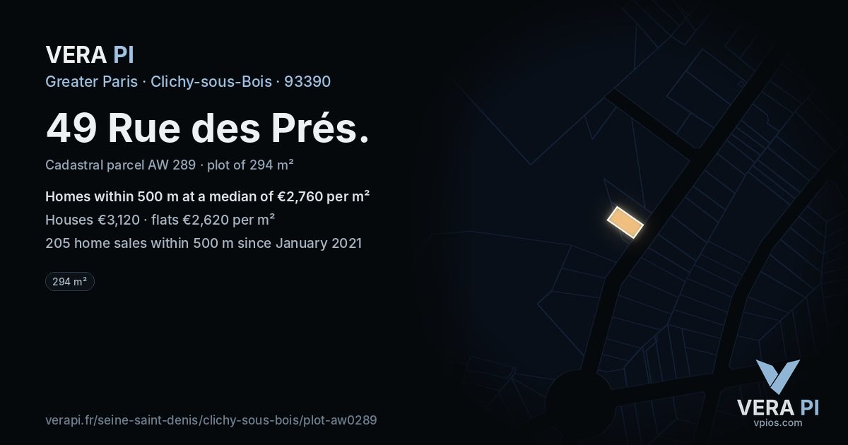 49 Rue des Prés, Clichy-sous-Bois at night – the plot lit, the parcels around coloured by the prices near them