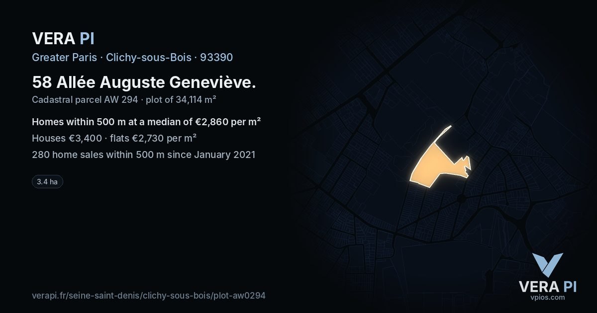 58 Allée Auguste Geneviève, Clichy-sous-Bois at night – the plot lit, the parcels around coloured by the prices near them