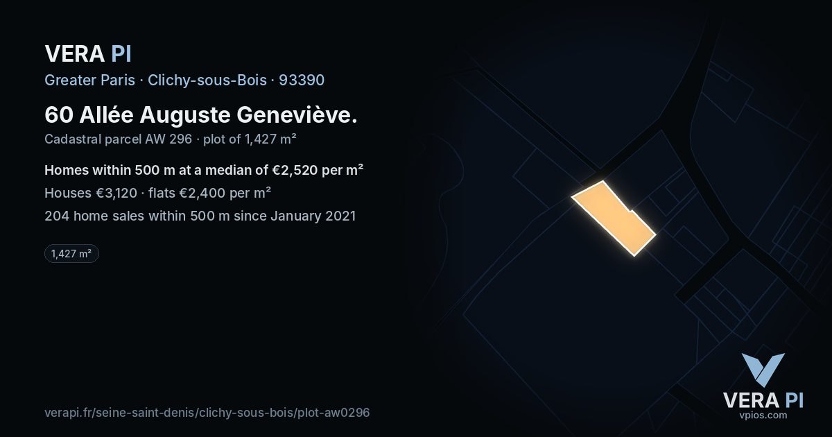 60 Allée Auguste Geneviève, Clichy-sous-Bois at night – the plot lit, the parcels around coloured by the prices near them