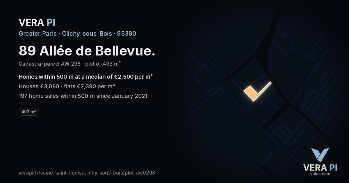 89 Allée de Bellevue, Clichy-sous-Bois at night – the plot lit, the parcels around coloured by the prices near them