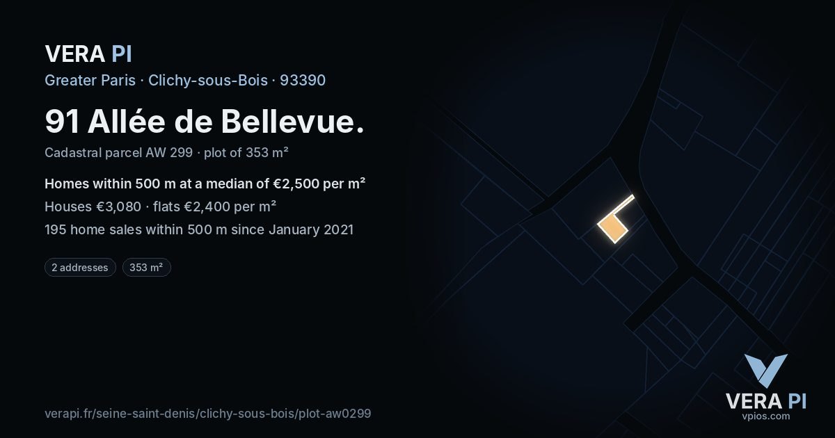 91 Allée de Bellevue, Clichy-sous-Bois at night – the plot lit, the parcels around coloured by the prices near them