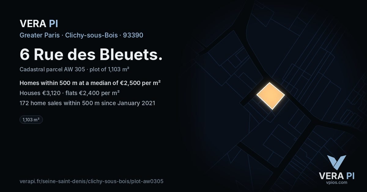 6 Rue des Bleuets, Clichy-sous-Bois at night – the plot lit, the parcels around coloured by the prices near them