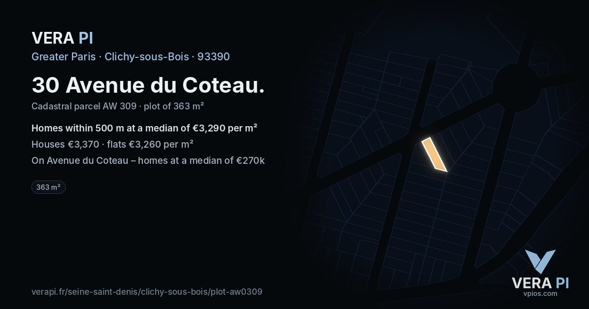 30 Avenue du Coteau, Clichy-sous-Bois at night – the plot lit, the parcels around coloured by the prices near them