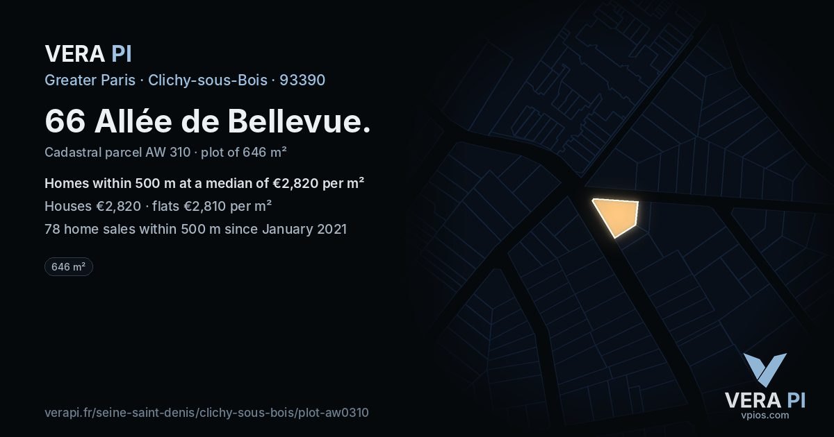66 Allée de Bellevue, Clichy-sous-Bois at night – the plot lit, the parcels around coloured by the prices near them
