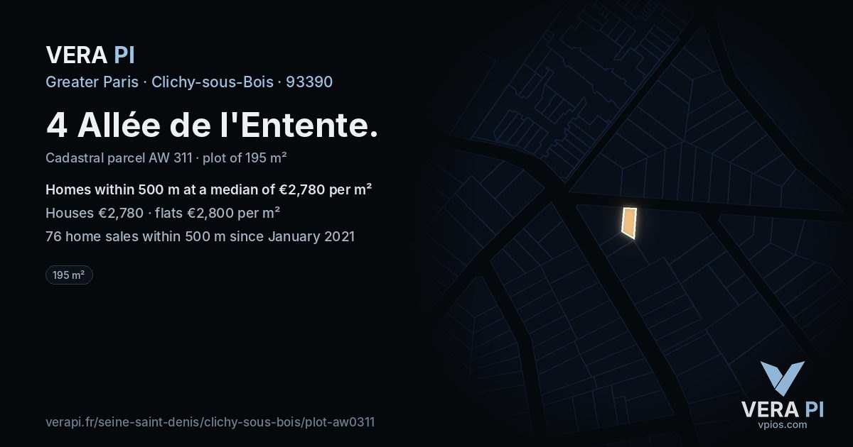 4 Allée de l'Entente, Clichy-sous-Bois at night – the plot lit, the parcels around coloured by the prices near them