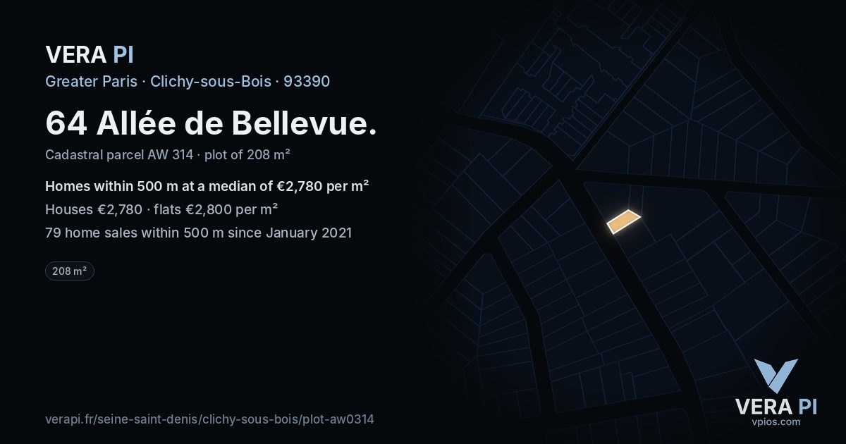 64 Allée de Bellevue, Clichy-sous-Bois at night – the plot lit, the parcels around coloured by the prices near them