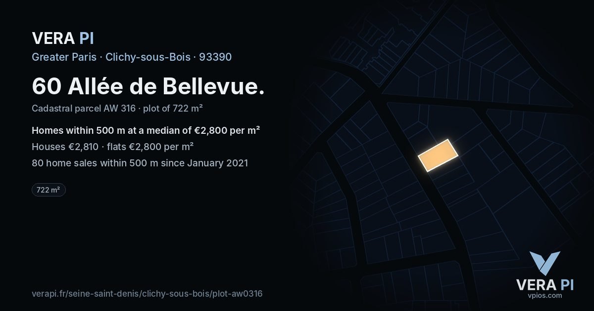 60 Allée de Bellevue, Clichy-sous-Bois at night – the plot lit, the parcels around coloured by the prices near them