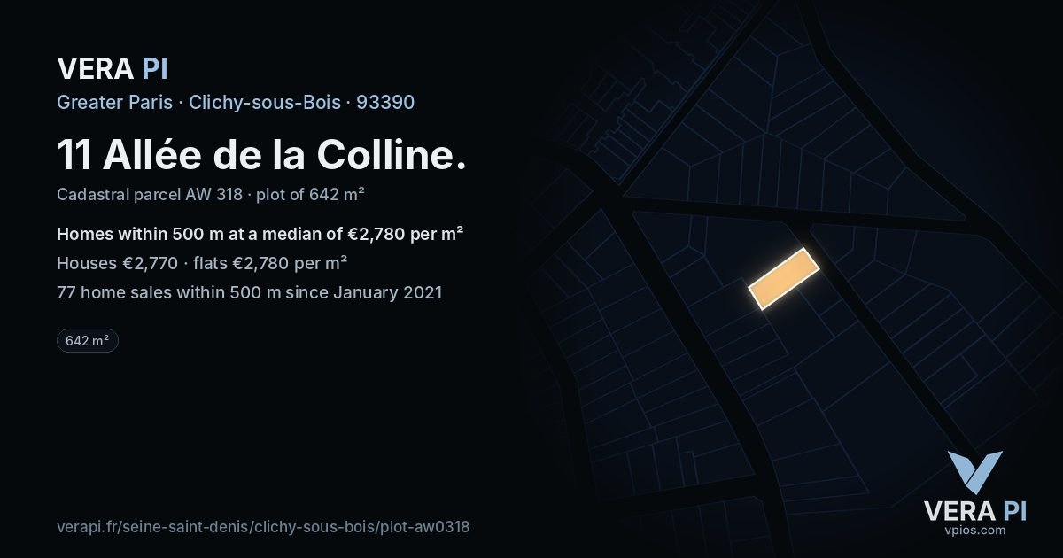 11 Allée de la Colline, Clichy-sous-Bois at night – the plot lit, the parcels around coloured by the prices near them