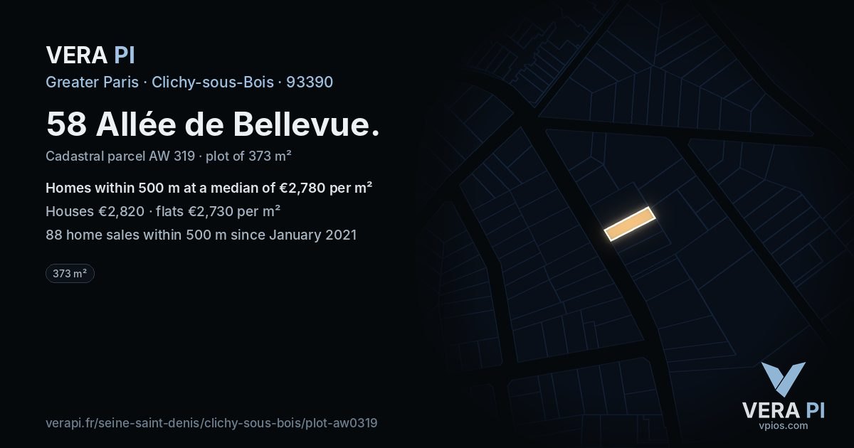 58 Allée de Bellevue, Clichy-sous-Bois at night – the plot lit, the parcels around coloured by the prices near them