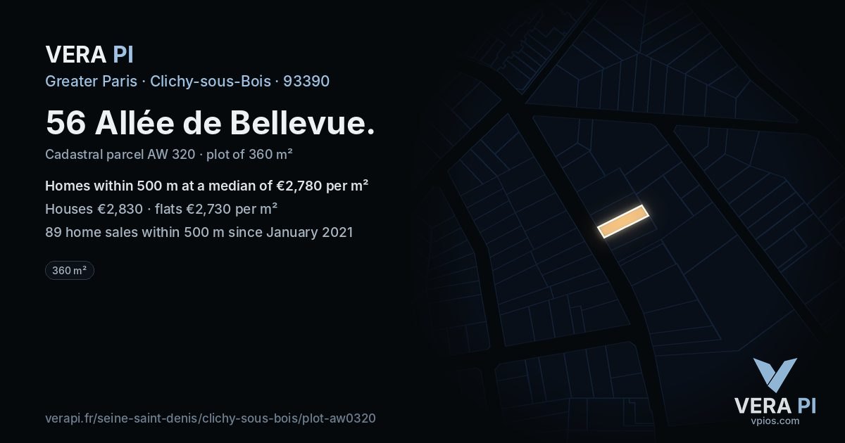 56 Allée de Bellevue, Clichy-sous-Bois at night – the plot lit, the parcels around coloured by the prices near them