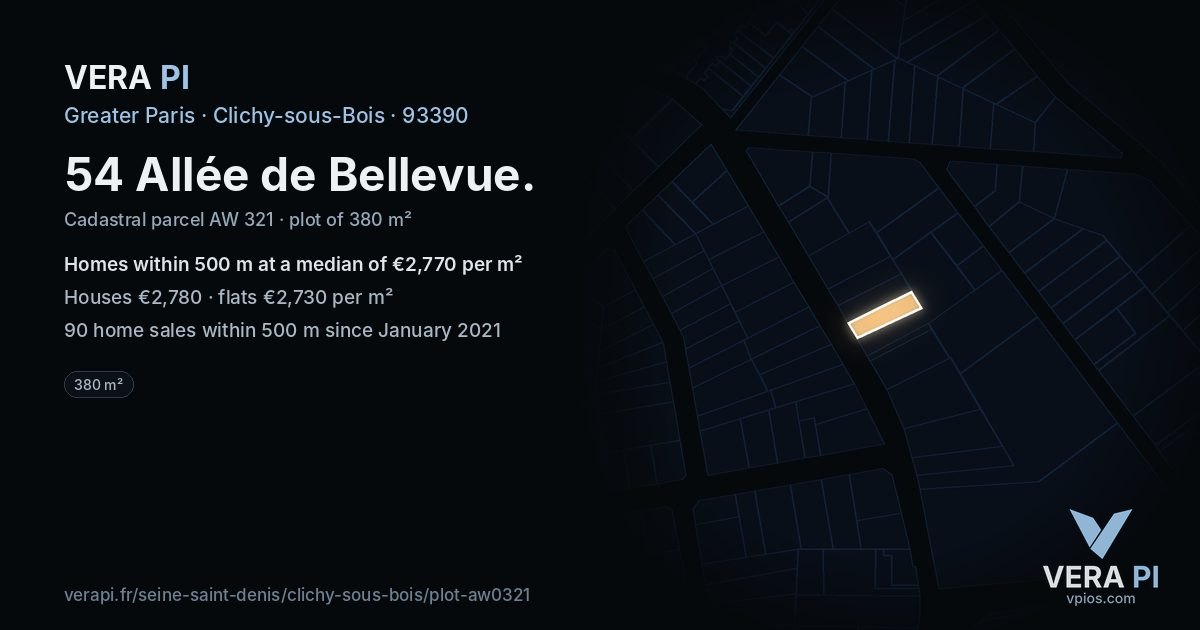 54 Allée de Bellevue, Clichy-sous-Bois at night – the plot lit, the parcels around coloured by the prices near them