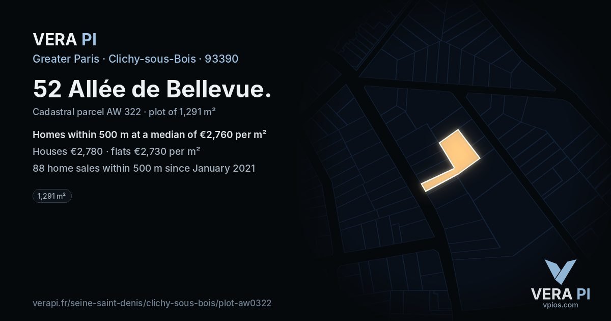 52 Allée de Bellevue, Clichy-sous-Bois at night – the plot lit, the parcels around coloured by the prices near them
