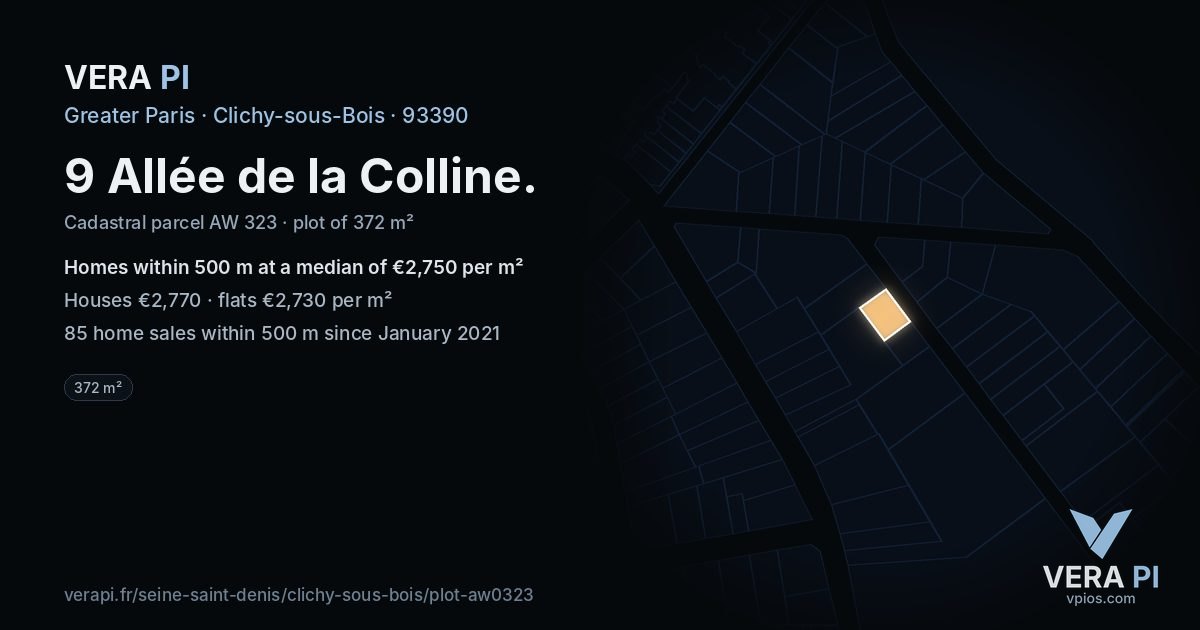 9 Allée de la Colline, Clichy-sous-Bois at night – the plot lit, the parcels around coloured by the prices near them