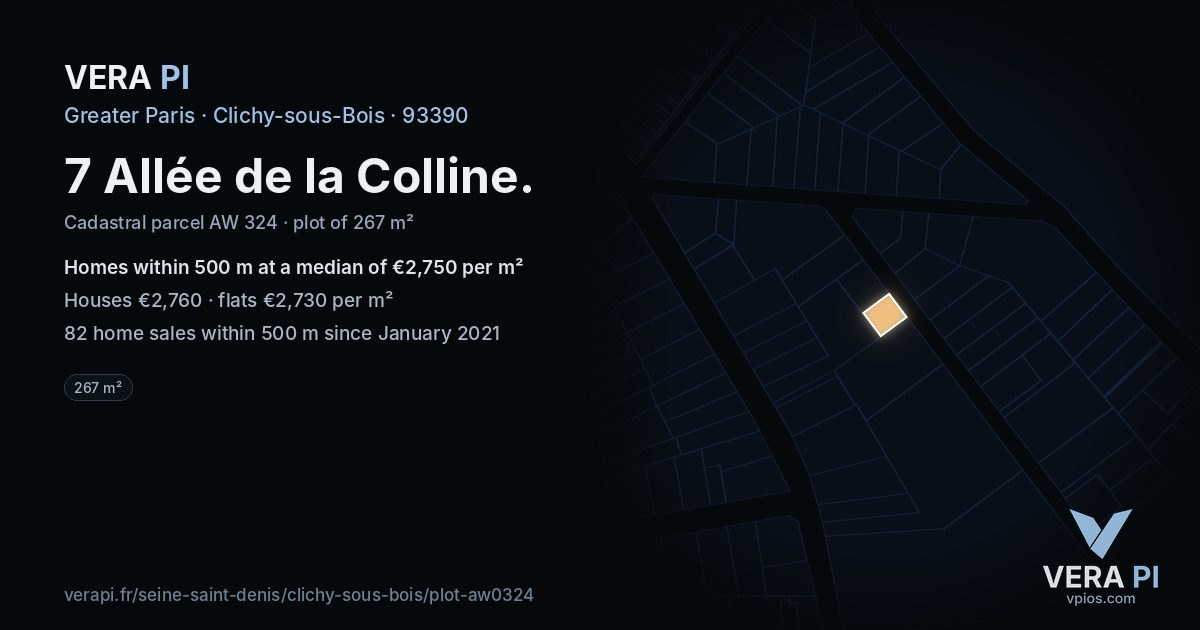 7 Allée de la Colline, Clichy-sous-Bois at night – the plot lit, the parcels around coloured by the prices near them