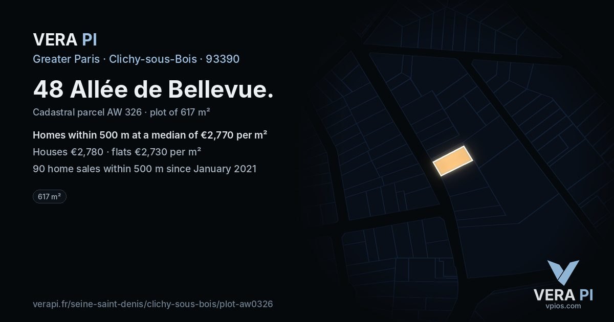 48 Allée de Bellevue, Clichy-sous-Bois at night – the plot lit, the parcels around coloured by the prices near them