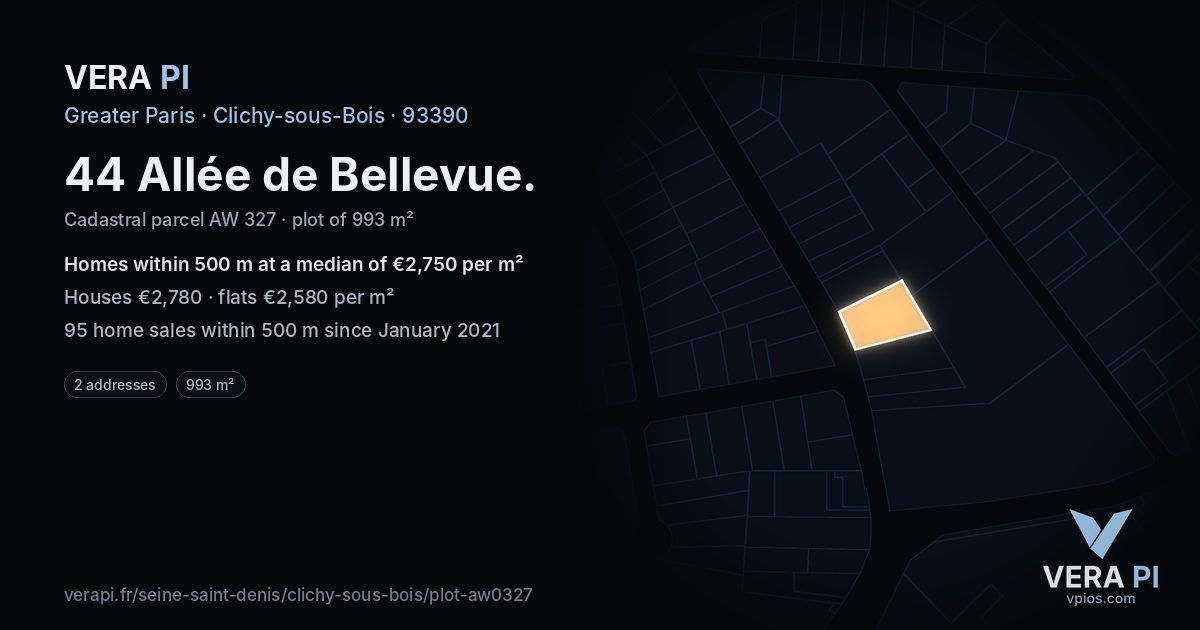 44 Allée de Bellevue, Clichy-sous-Bois at night – the plot lit, the parcels around coloured by the prices near them