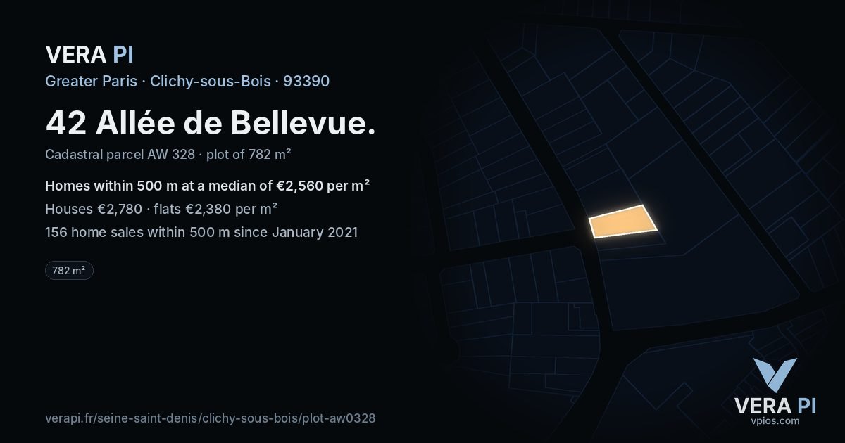 42 Allée de Bellevue, Clichy-sous-Bois at night – the plot lit, the parcels around coloured by the prices near them