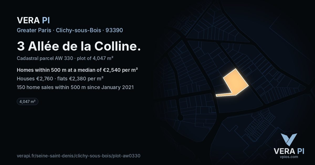 3 Allée de la Colline, Clichy-sous-Bois at night – the plot lit, the parcels around coloured by the prices near them