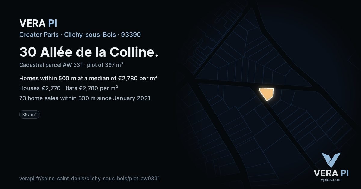30 Allée de la Colline, Clichy-sous-Bois at night – the plot lit, the parcels around coloured by the prices near them