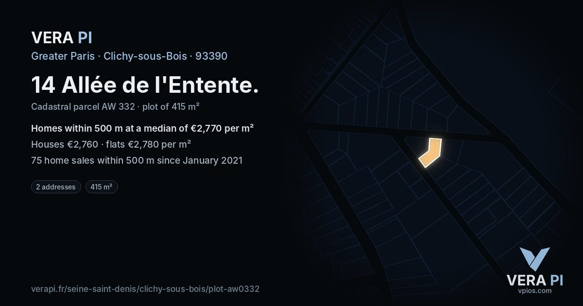 14 Allée de l'Entente, Clichy-sous-Bois at night – the plot lit, the parcels around coloured by the prices near them