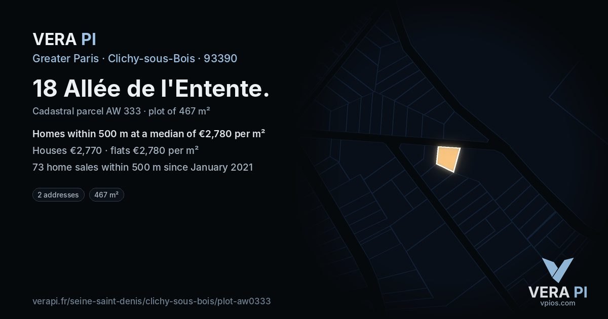 18 Allée de l'Entente, Clichy-sous-Bois at night – the plot lit, the parcels around coloured by the prices near them