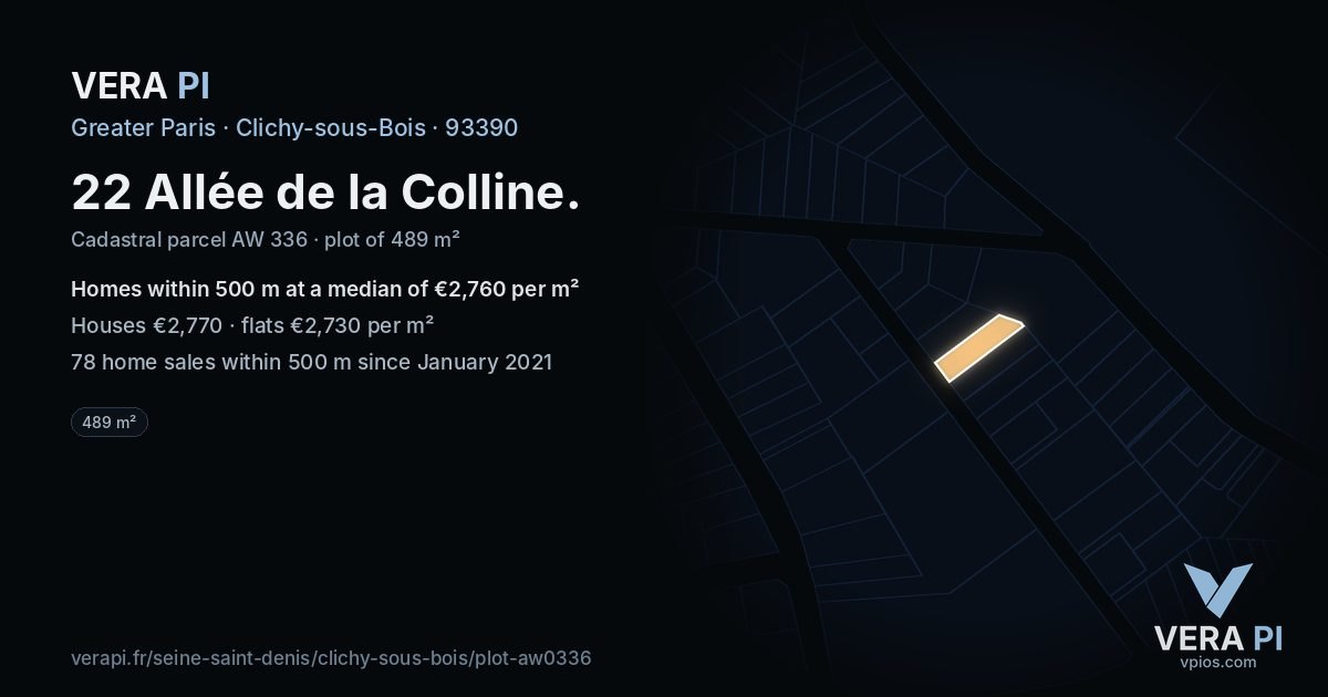 22 Allée de la Colline, Clichy-sous-Bois at night – the plot lit, the parcels around coloured by the prices near them