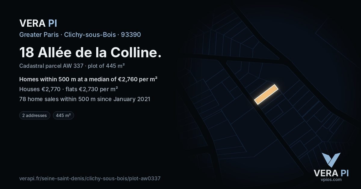 18 Allée de la Colline, Clichy-sous-Bois at night – the plot lit, the parcels around coloured by the prices near them