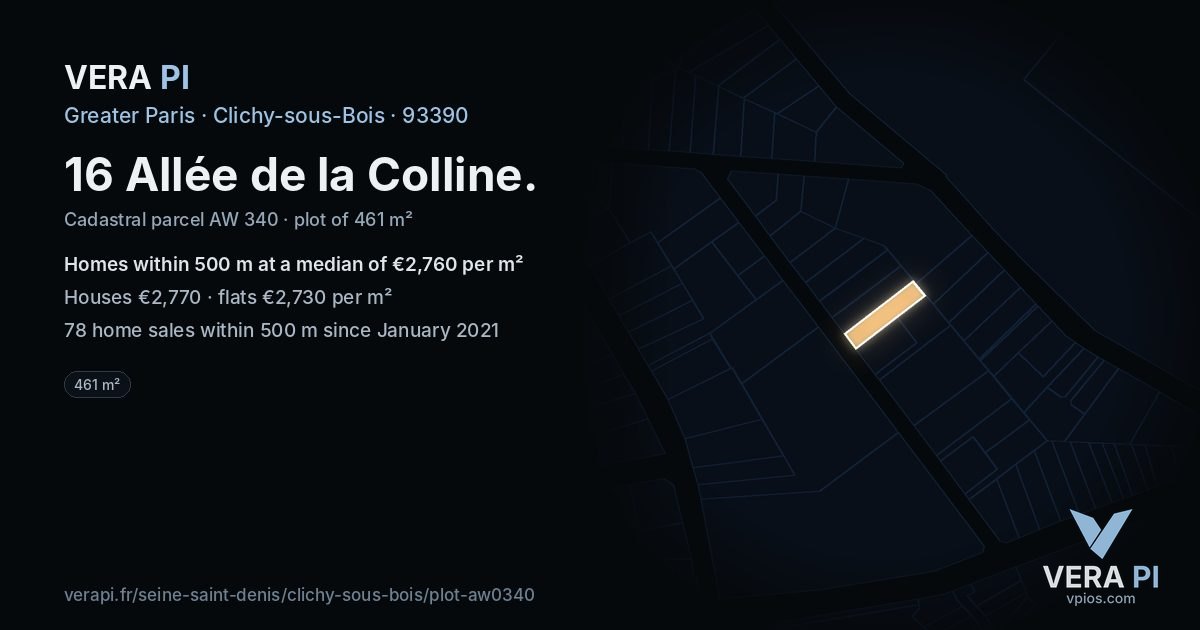 16 Allée de la Colline, Clichy-sous-Bois at night – the plot lit, the parcels around coloured by the prices near them
