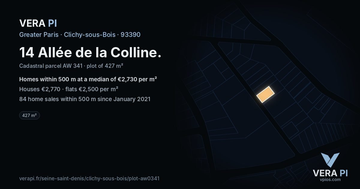 14 Allée de la Colline, Clichy-sous-Bois at night – the plot lit, the parcels around coloured by the prices near them