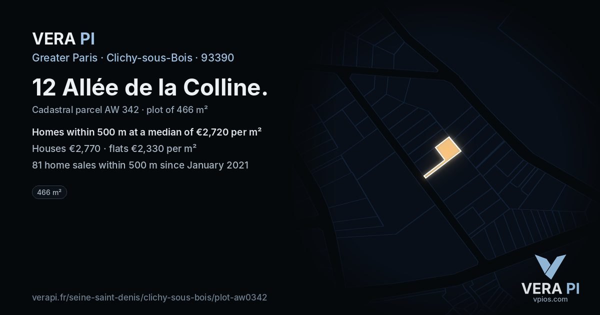 12 Allée de la Colline, Clichy-sous-Bois at night – the plot lit, the parcels around coloured by the prices near them