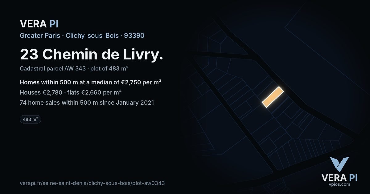 23 Chemin de Livry, Clichy-sous-Bois at night – the plot lit, the parcels around coloured by the prices near them