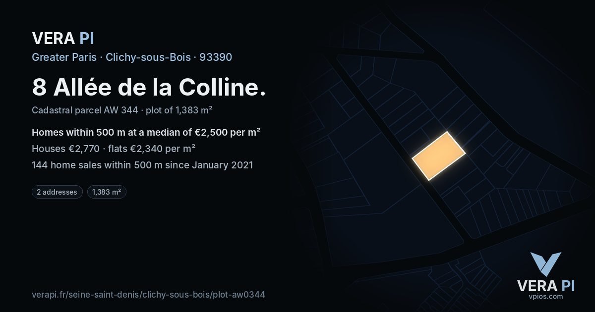 8 Allée de la Colline, Clichy-sous-Bois at night – the plot lit, the parcels around coloured by the prices near them