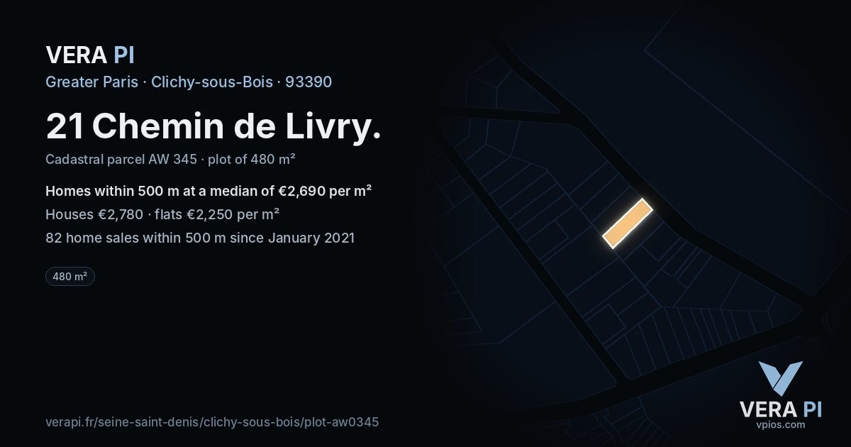 21 Chemin de Livry, Clichy-sous-Bois at night – the plot lit, the parcels around coloured by the prices near them